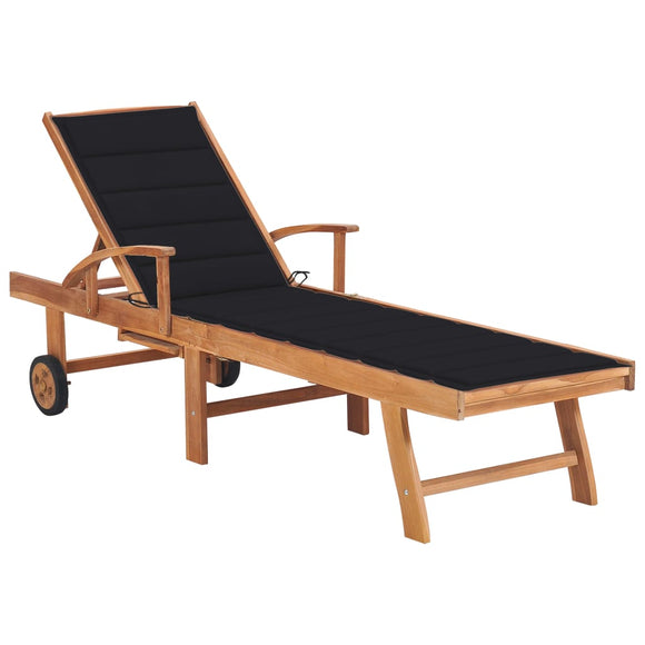 NNEVL Sun Lounger with Black Cushion Solid Teak Wood