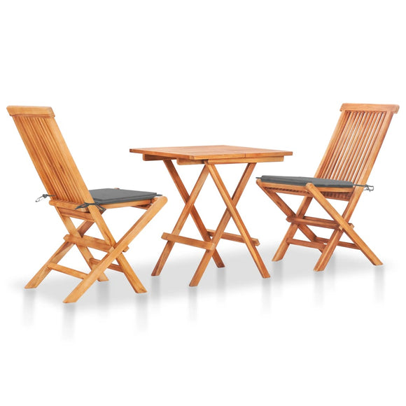NNEVL 3 Piece Bistro Set with Grey Cushions Solid Teak Wood