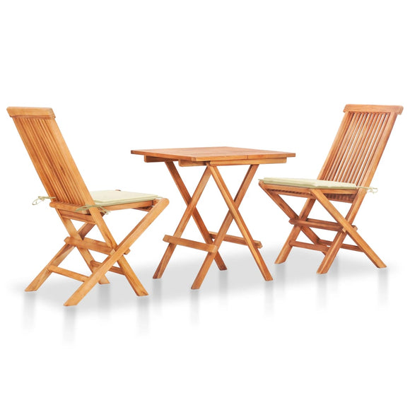 NNEVL 3 Piece Bistro Set with Cream Cushions Solid Teak Wood