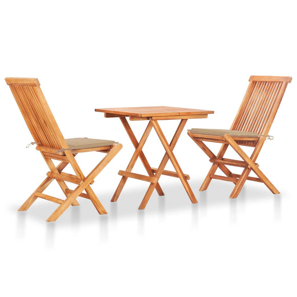 NNEVL 3 Piece Bistro Set with Beige Cushions Solid Teak Wood