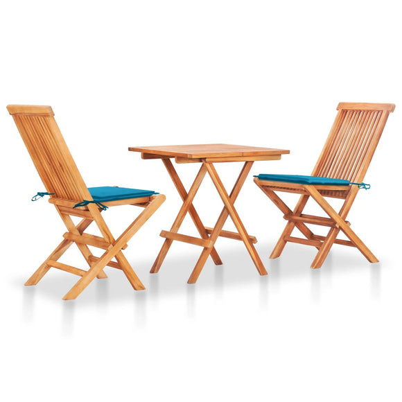 NNEVL 3 Piece Bistro Set with Blue Cushions Solid Teak Wood