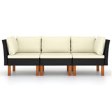 NNEVL 3-Seater Garden Sofa with Cushions Black Poly Rattan
