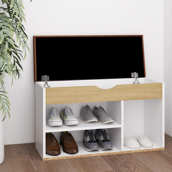 NNEVL Shoe Bench with Cushion White and Sonoma Oak 80x30x47 cm Chipboard