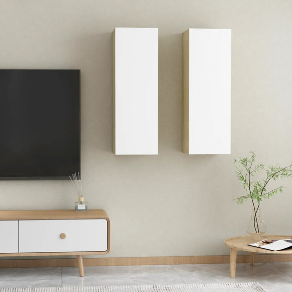 NNEVL TV Cabinets 2 pcs White and Sonoma Oak 30.5x30x90 cm Chipboard