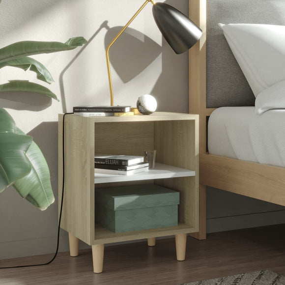 NNEVL Bed Cabinets Solid Wood Legs 2pcs Sonoma Oak&White 40x30x50cm