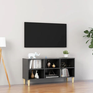 NNEVL TV Cabinet with Solid Wood Legs High Gloss Grey 103.5x30x50 cm