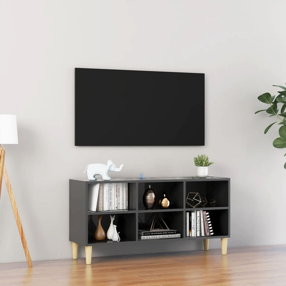 NNEVL TV Cabinet with Solid Wood Legs High Gloss Grey 103.5x30x50 cm