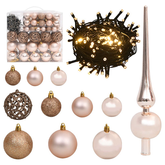 NNEVL 120 Piece Christmas Ball Set with Peak and 300 LEDs Rose Gold