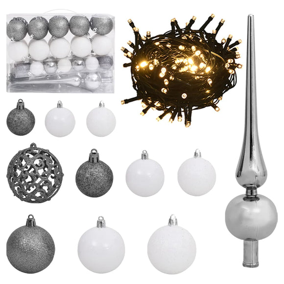 NNEVL 61 Piece Christmas Ball Set with Peak and 150 LEDs White&Gey