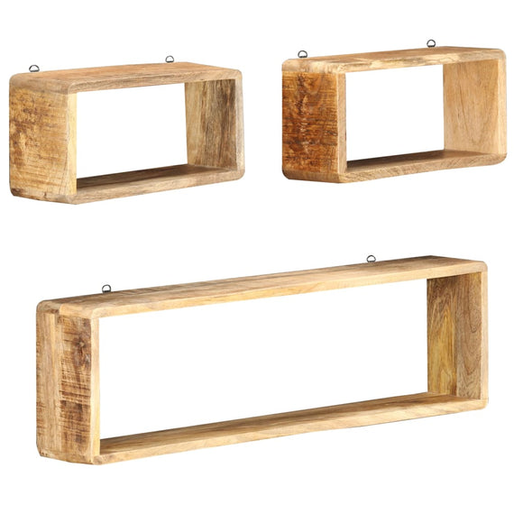 NNEVL 3 Piece Wall Cube Shelf Set Solid Mango Wood