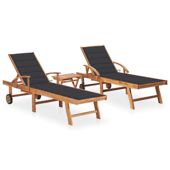 NNEVL Sun Loungers 2 pcs with Table and Cushion Solid Teak Wood