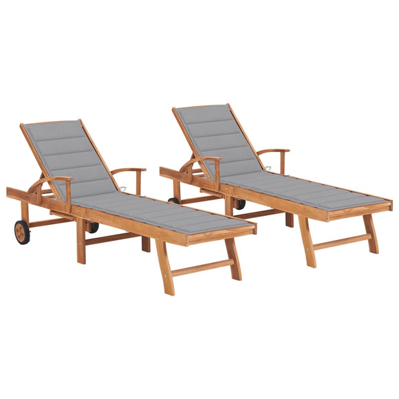 NNEVL Sun Loungers 2 pcs with Grey Cushion Solid Teak Wood