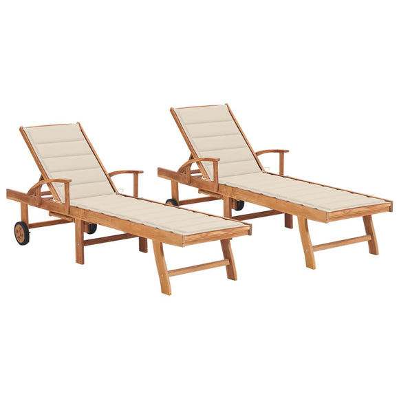 NNEVL Sun Loungers 2 pcs with Cream Cushion Solid Teak Wood