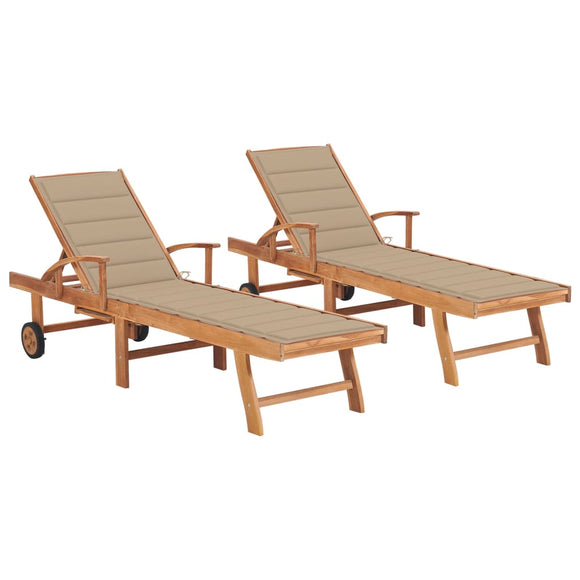 NNEVL Sun Loungers 2 pcs with Beige Cushion Solid Teak Wood