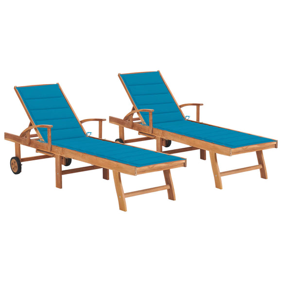 NNEVL Sun Loungers 2 pcs with Blue Cushion Solid Teak Wood