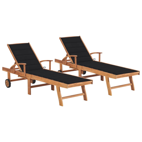 NNEVL Sun Loungers 2 pcs with Black Cushion Solid Teak Wood