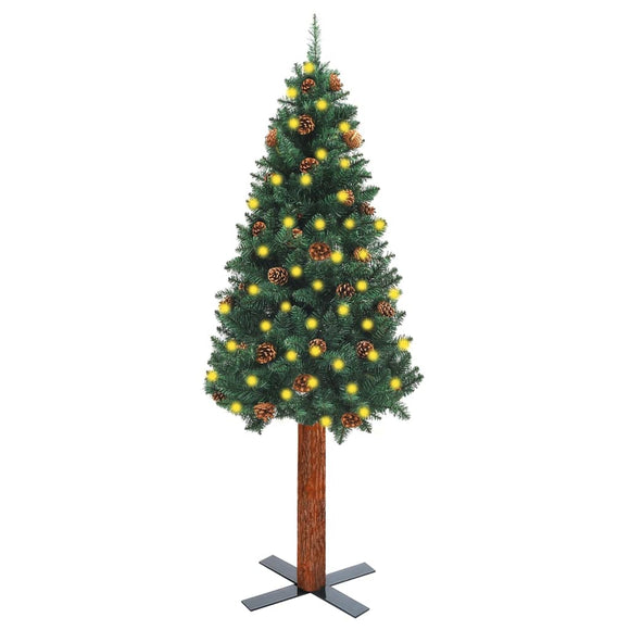 NNEVL Slim Christmas Tree with LEDs&Real Wood&Cones Green 210 cm