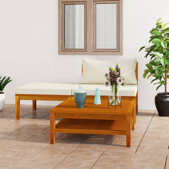 NNEVL 3 Piece Garden Lounge Set with Cream White Cushions Acacia Wood