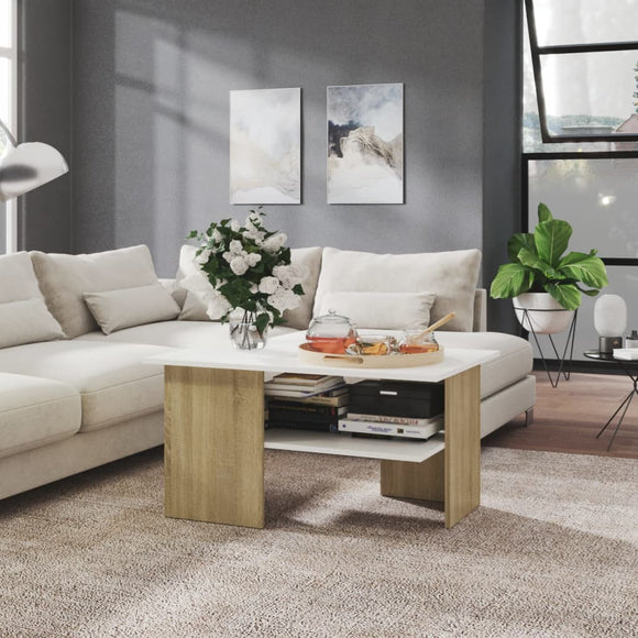NNEVL Coffee Table White and Sonoma Oak 90x60x46.5 cm Chipboard