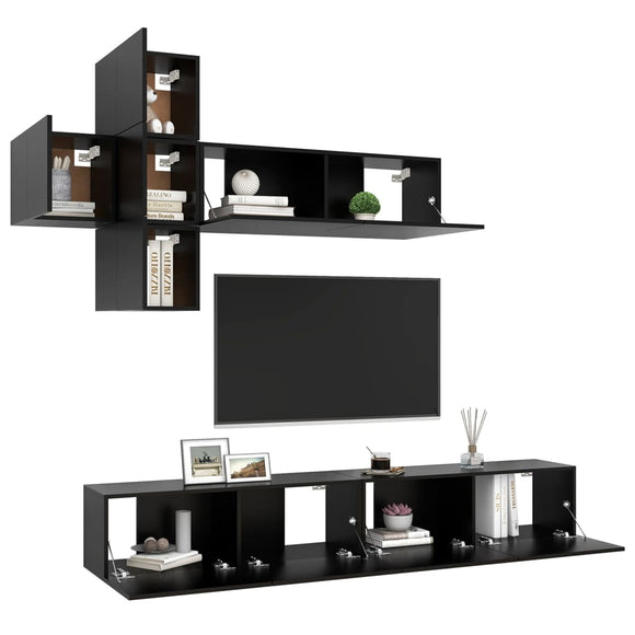 NNEVL 7 Piece TV Cabinet Set Black Chipboard