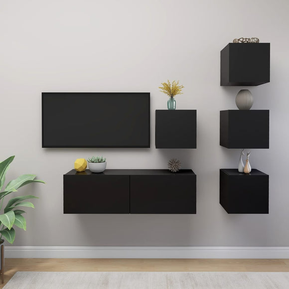 NNEVL 5 Piece TV Cabinet Set Black Chipboard