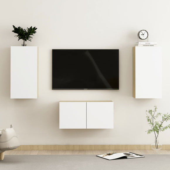 NNEVL 3 Piece TV Cabinet Set White and Sonoma Oak Chipboard