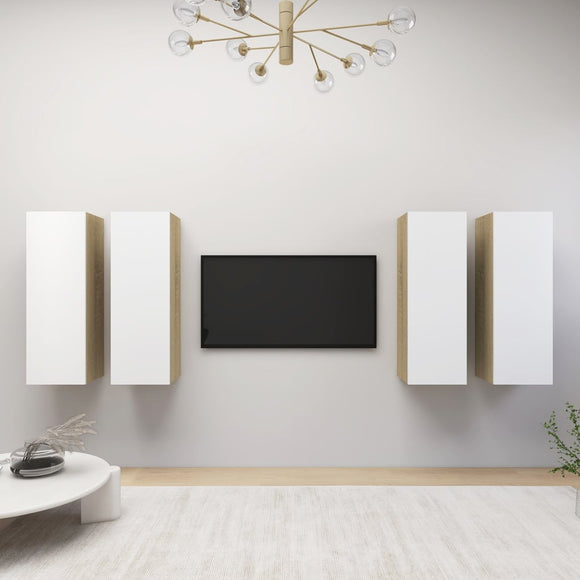 NNEVL TV Cabinets 4 pcs White and Sonoma Oak 30.5x30x90 cm Chipboard