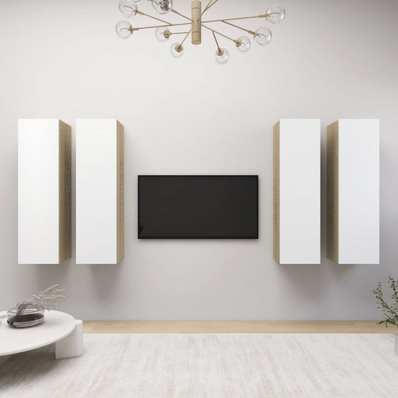 NNEVL TV Cabinets 4 pcs White and Sonoma Oak 30.5x30x110 cm Chipboard