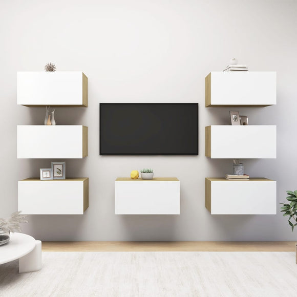 NNEVL TV Cabinets 7 pcs White and Sonoma Oak 30.5x30x60 cm Chipboard