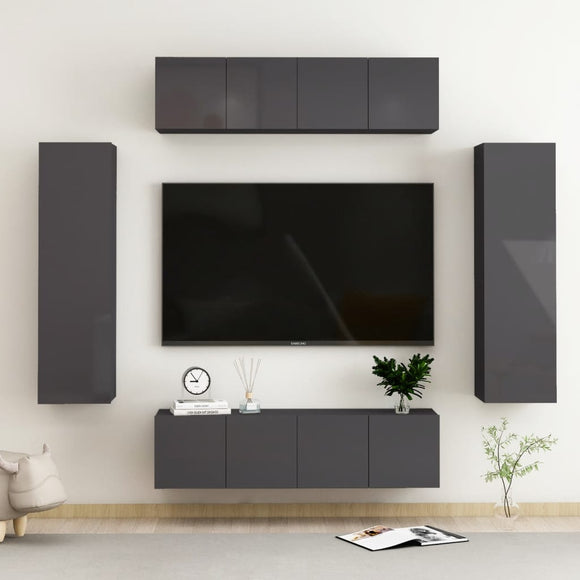 NNEVL 6 Piece TV Cabinet Set High Gloss Grey Chipboard