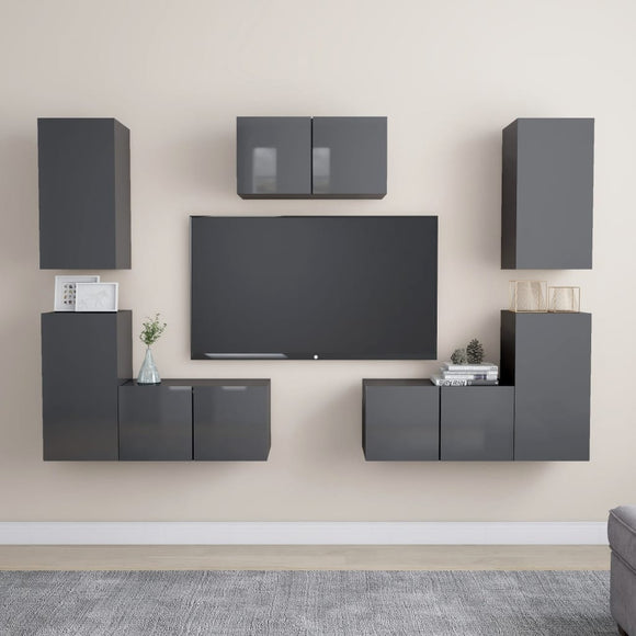 NNEVL 7 Piece TV Cabinet Set High Gloss Grey Chipboard