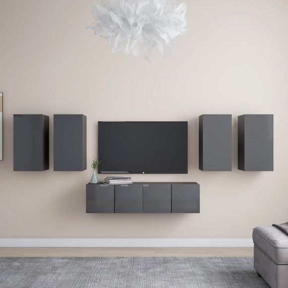 NNEVL 6 Piece TV Cabinet Set High Gloss Grey Chipboard