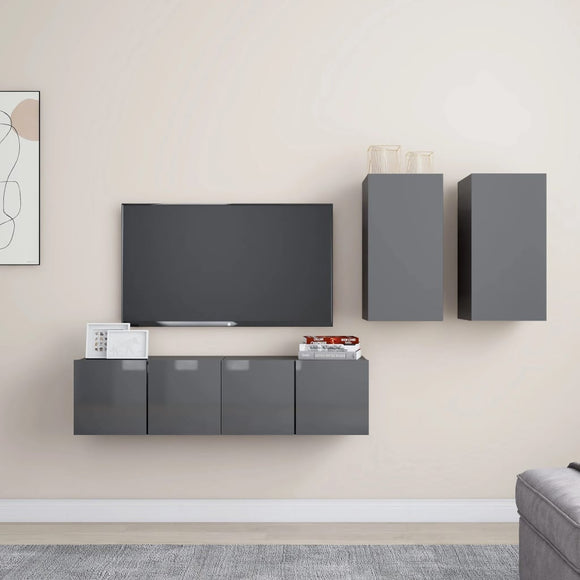 NNEVL 4 Piece TV Cabinet Set High Gloss Grey Chipboard
