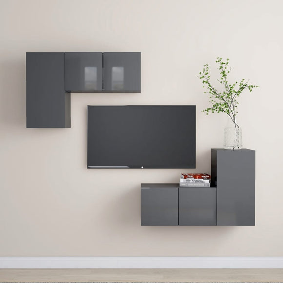 NNEVL 4 Piece TV Cabinet Set High Gloss Grey Chipboard