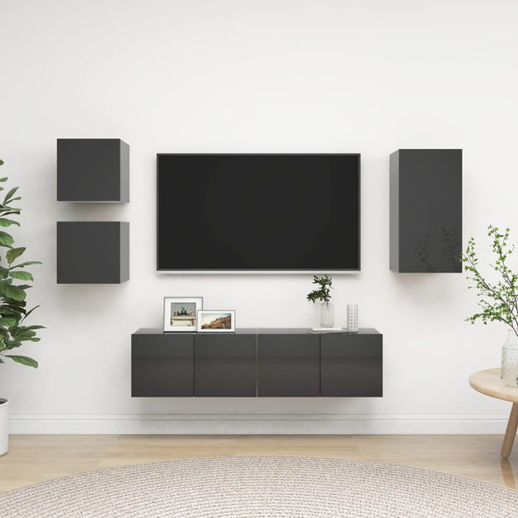 NNEVL 5 Piece TV Cabinet Set High Gloss Grey Chipboard