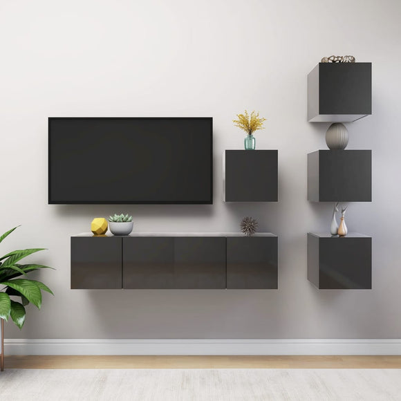 NNEVL 6 Piece TV Cabinet Set High Gloss Grey Chipboard