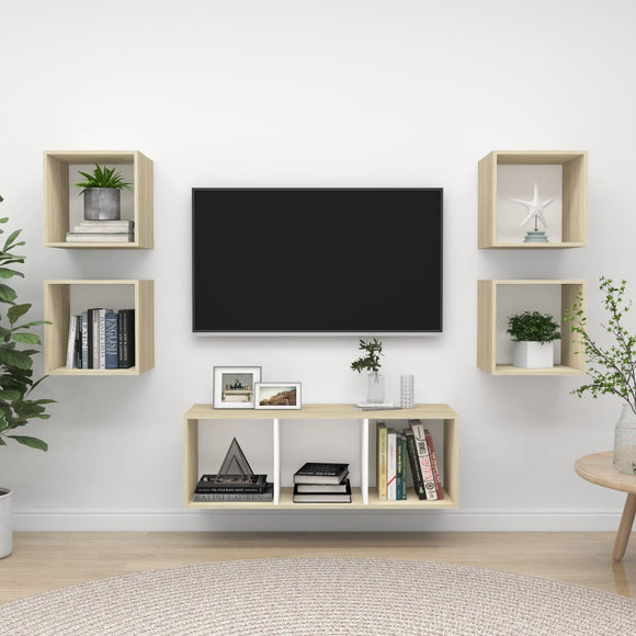 NNEVL 5 Piece TV Cabinet Set White and Sonoma Oak Chipboard