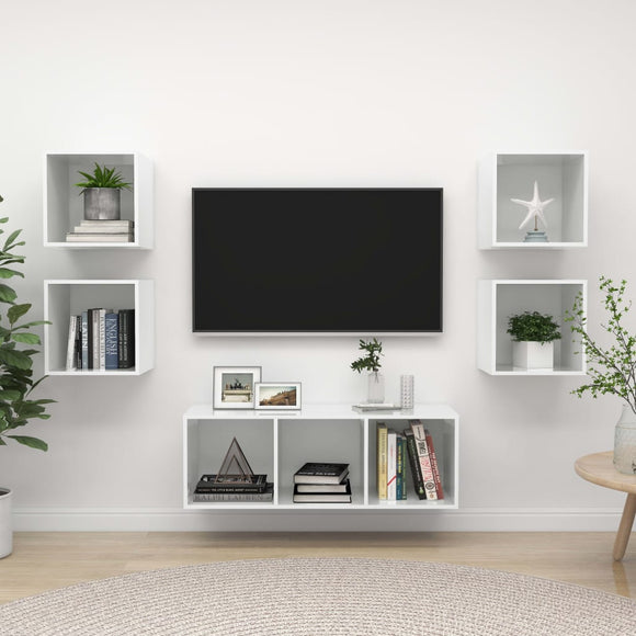 NNEVL 5 Piece TV Cabinet Set High Gloss White Chipboard