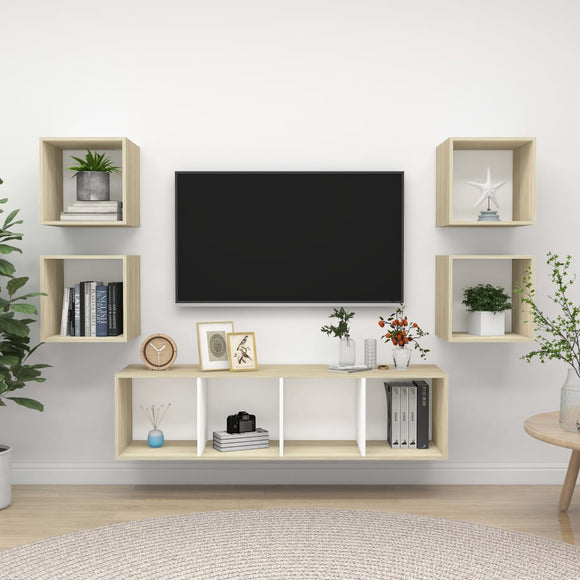 NNEVL 5 Piece TV Cabinet Set White and Sonoma Oak Chipboard