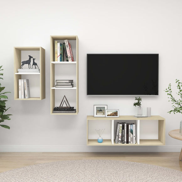 NNEVL 3 Piece TV Cabinet Set White and Sonoma Oak Chipboard