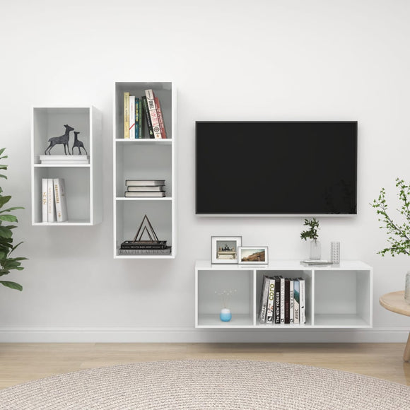 NNEVL 3 Piece TV Cabinet Set High Gloss White Chipboard
