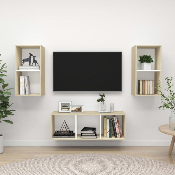 NNEVL 3 Piece TV Cabinet Set White and Sonoma Oak Chipboard