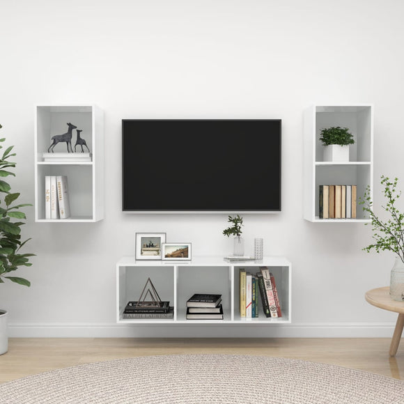 NNEVL 3 Piece TV Cabinet Set High Gloss White Chipboard