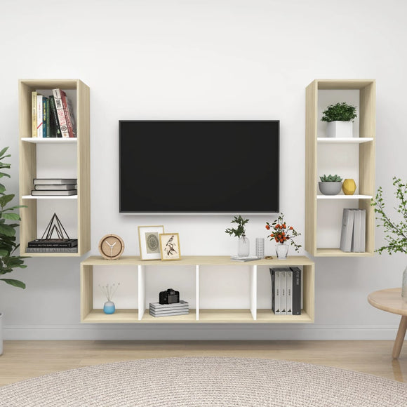 NNEVL 3 Piece TV Cabinet Set White and Sonoma Oak Chipboard