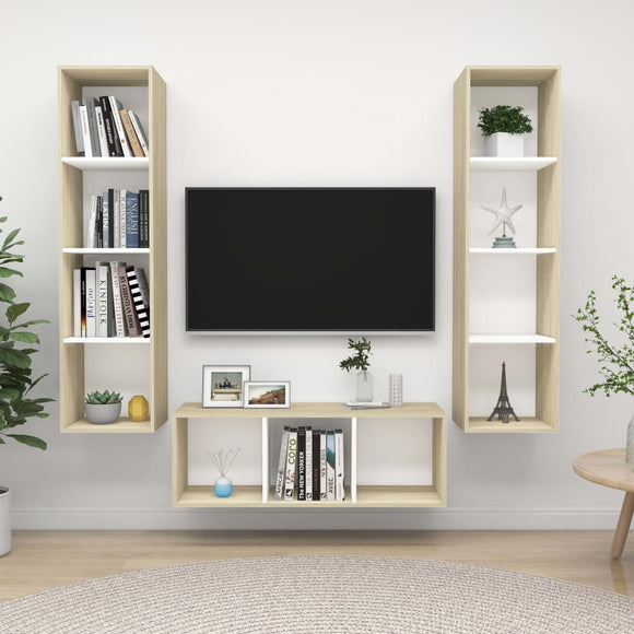 NNEVL 3 Piece TV Cabinet Set White and Sonoma Oak Chipboard