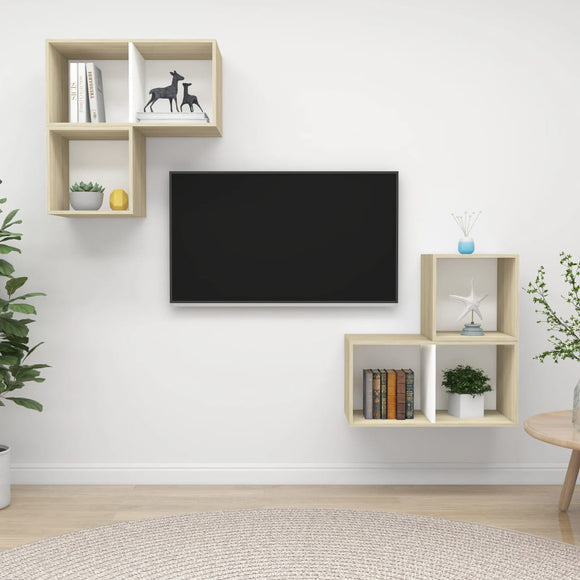 NNEVL 4 Piece TV Cabinet Set White and Sonoma Oak Chipboard
