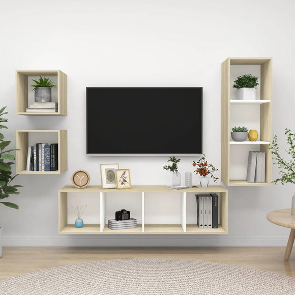 NNEVL 4 Piece TV Cabinet Set White and Sonoma Oak Chipboard