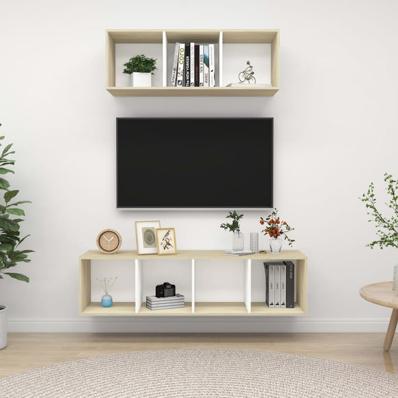 NNEVL 2 Piece TV Cabinet Set White and Sonoma Oak Chipboard