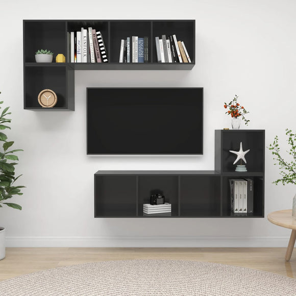 NNEVL 4 Piece TV Cabinet Set High Gloss Grey Chipboard