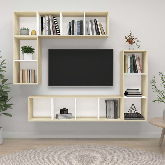 NNEVL 4 Piece TV Cabinet Set White and Sonoma Oak Chipboard